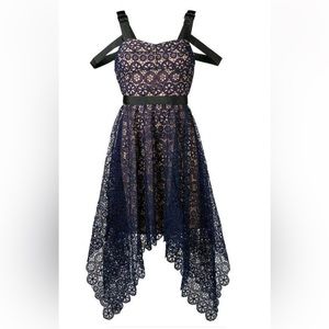 SELF-PORTRAIT Asymmetric Circle Floral Lace Dress- navy blue